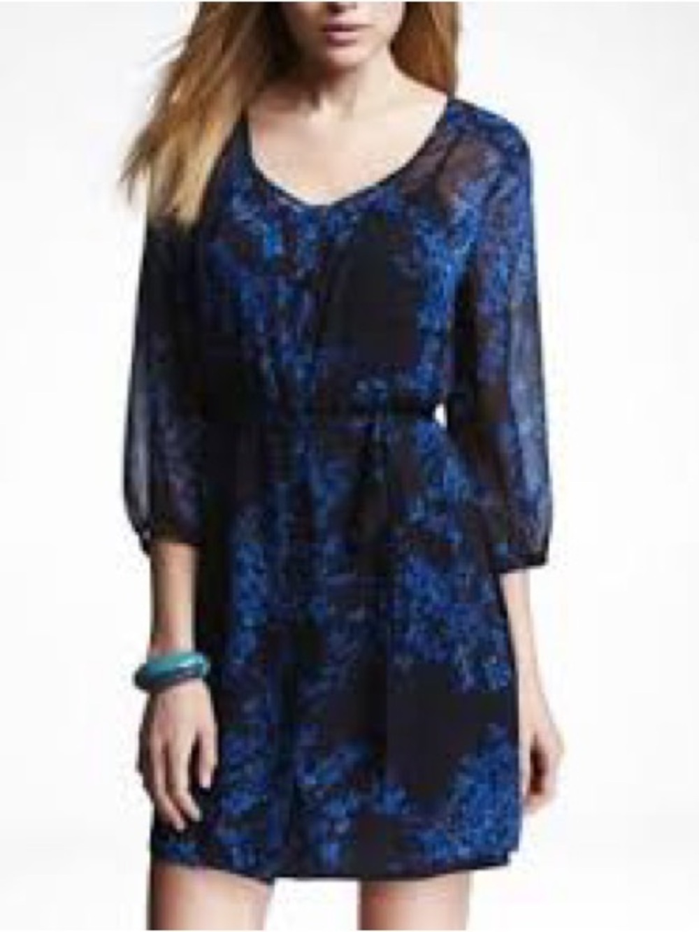 Express Black and Blue Printed V-Neck Mini Dress